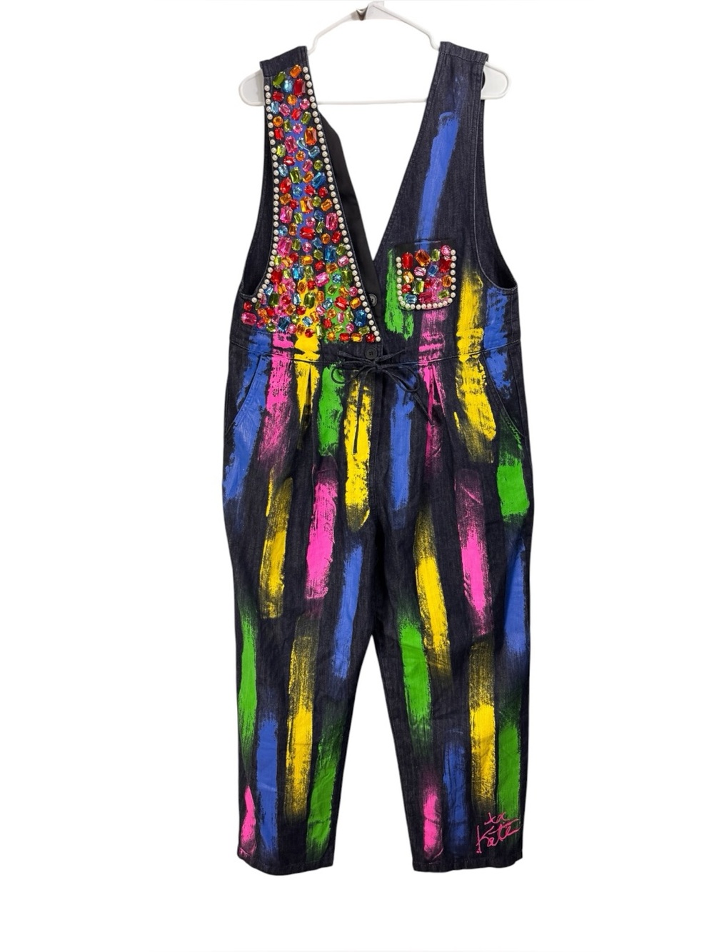 NWT Kate Hewko One Size OS Bedazzled Paint Stroke Denim Overalls Wearable Art